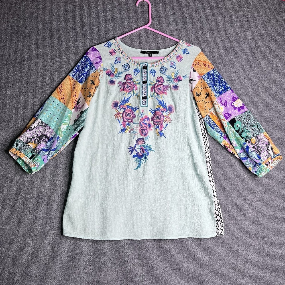 Calessa Tunic Blouse Top‎ Women Small Boho Embroidered Mint Green Floral